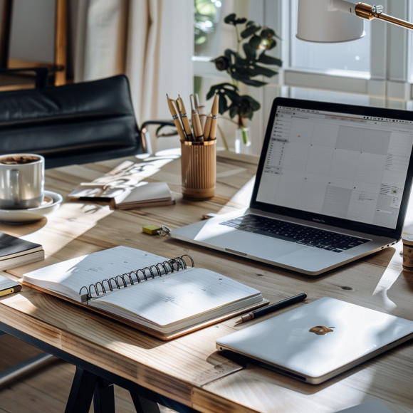 Bureau bien rangé avec un agenda ouvert, un ordinateur portable, et des cahiers colorés, représentant une planification efficace.
